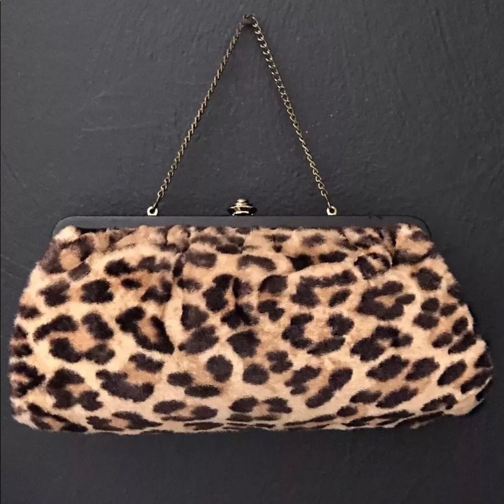 Vintage frame top handle Purse Bag leopard cheetah animal print faux fur - Picture 2 of 15